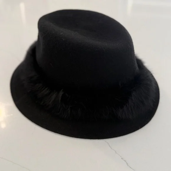 Eric Javits Black Bunny Wool Hat with Rabbit Fur Trim One Size NWT - Picture 4 of 6